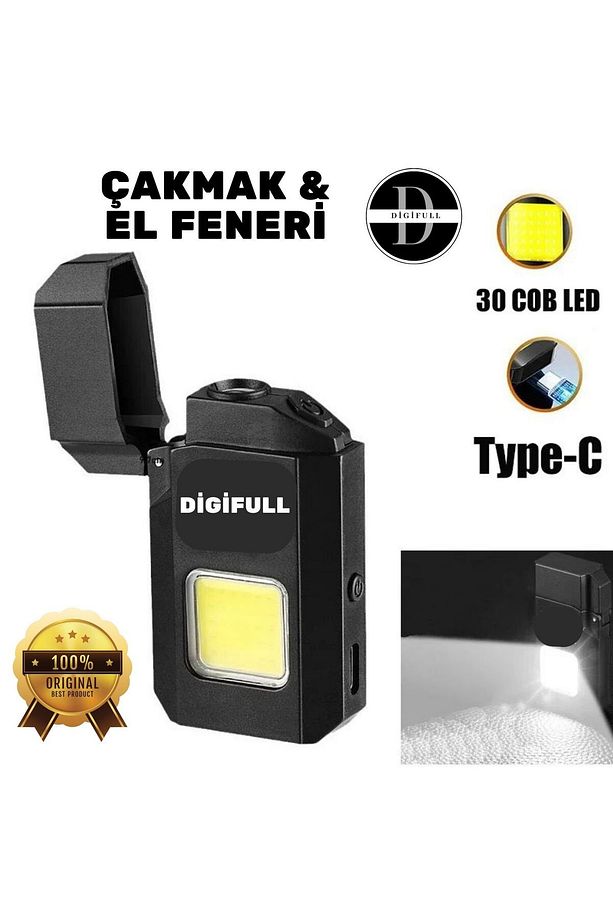 Sİyah Gazsız Rezistanslı Elektrikli Usb Şarjlı Çakmak Mini Cob El Fenerli 2 ın 1 Mini Projektörlü - 1