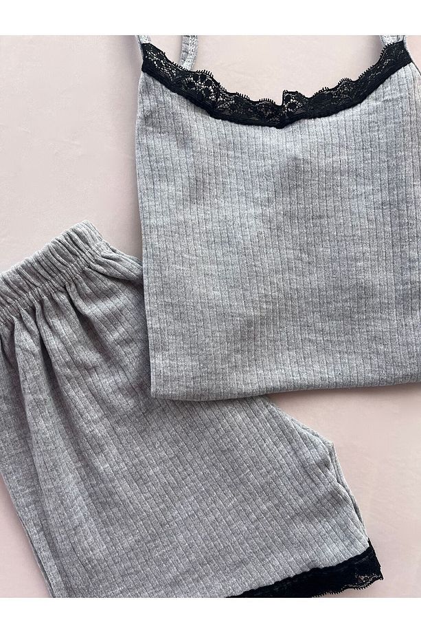 İp Askılı Fitilli Şortlu Pijama Takımı - 3