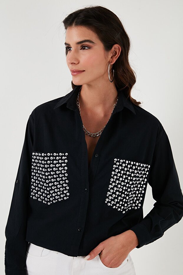 Cepleri Taş Detaylı % 100 Pamuk Oversize Gömlek  GÖMLEK 51444781 - 5