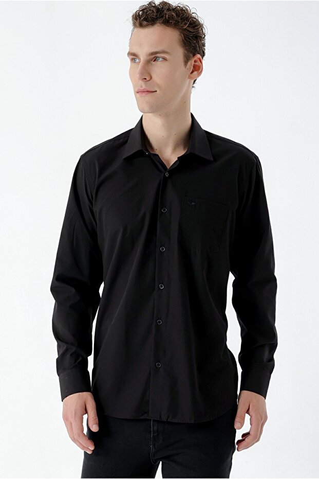 Erkek Siyah Basic Cepli Regular Fit Gömlek - 3