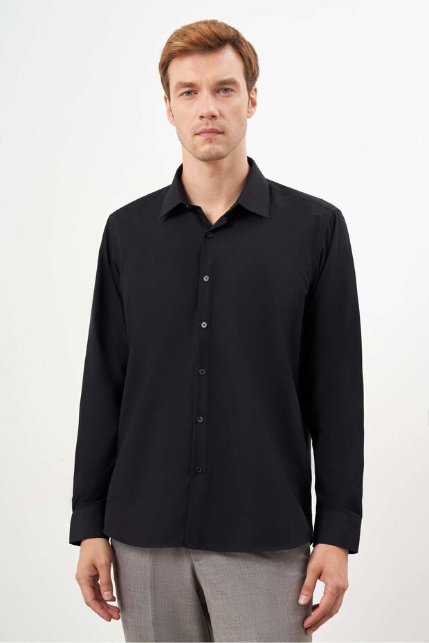 Men's Black Basic Plain Pattern Hard Neck Regular Fit Shirt - 1