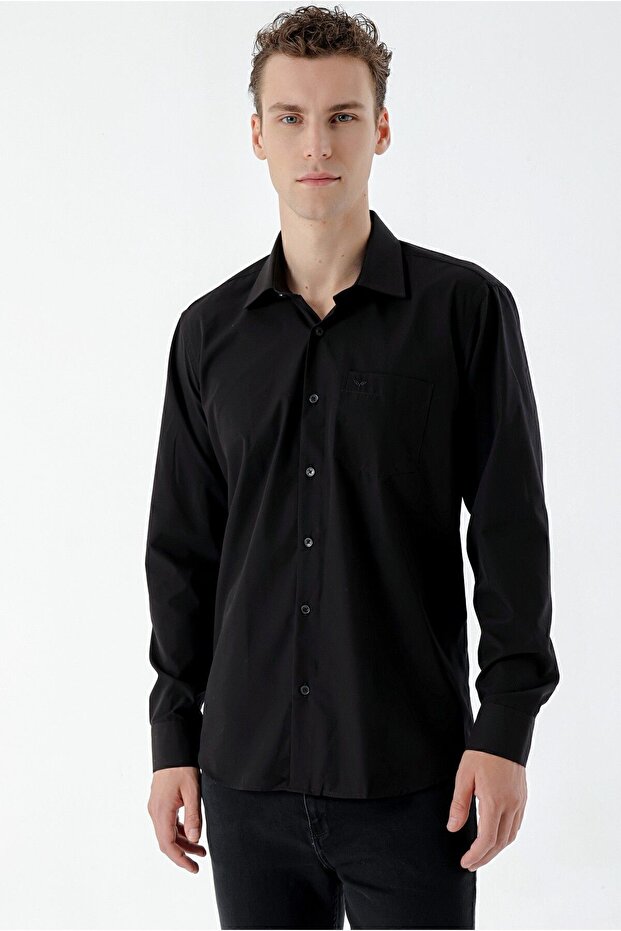 Erkek Siyah Basic Cepli Regular Fit Gömlek - 1