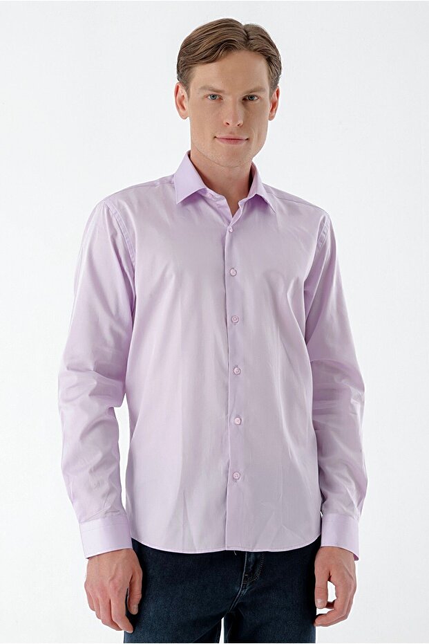 Men's Lilac Cotton Satin Plain Pattern Slim Fit Shirt