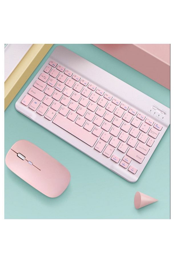 Samsung Galaxy Tab S6 Lite P610 P615 P61 Uyumlu Kablosuz Bluetooth Klavye Mouse Set Pembe - 3