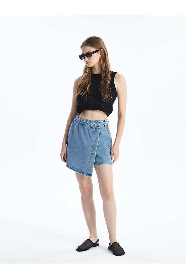 N009064 - Düz Mini Denim Şort Etek - Açık Mavi - 1