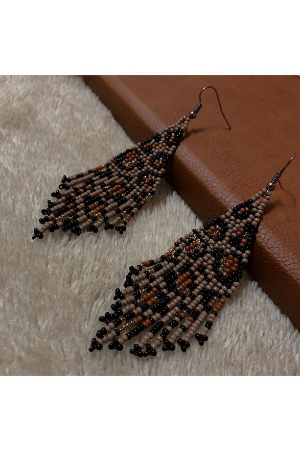 Leopar Desen Örme Dokuma Handmade Kum Boncuk Küpe - 2
