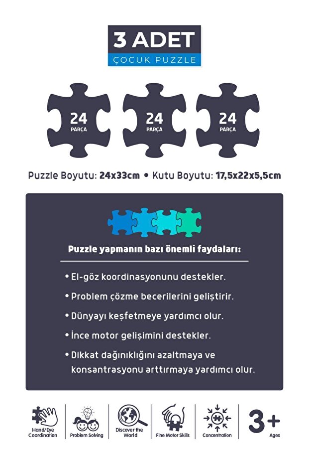 3'lü Çocuk Puzzle - 24 Parça Sevimli Dinozorlar Ve Çiftlik Hayvanları Ve Sevimli Prenses - 5