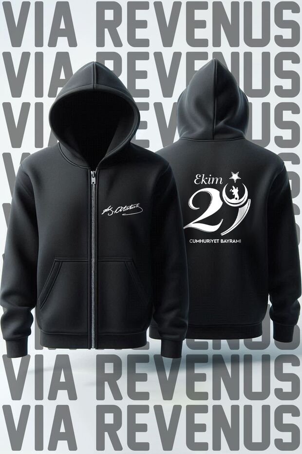 29 October & Atatürk Front and Back Printed Unisex Zippered Hooded Sweatshirt Cardigan