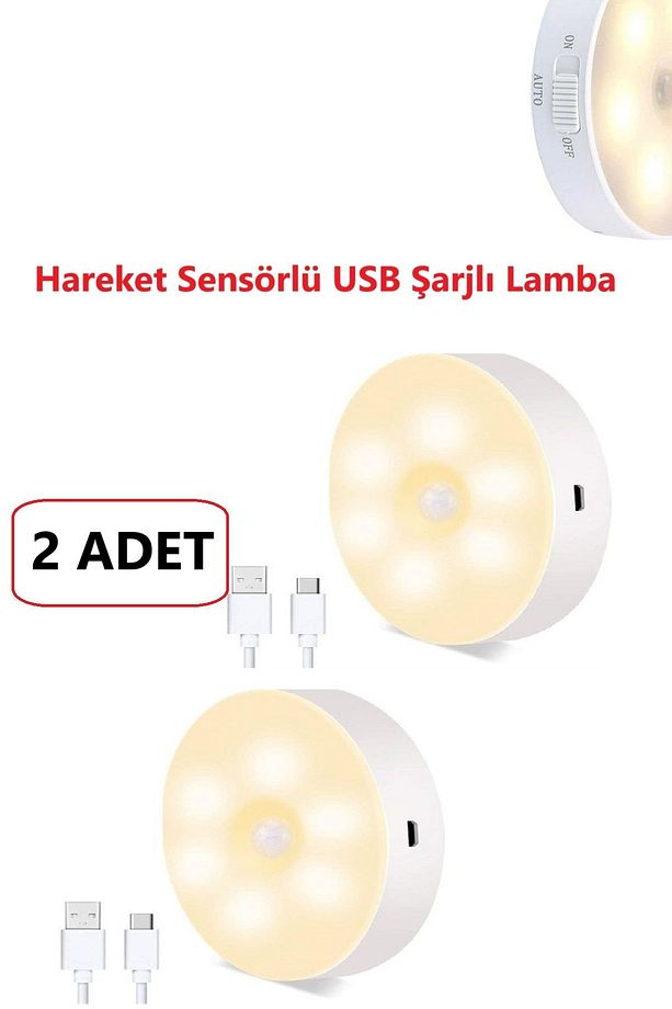 LED Gece Lambası Hareket Sensörü Şarj Edilebilir Duvara Monte Lamba 2 ADET - 1