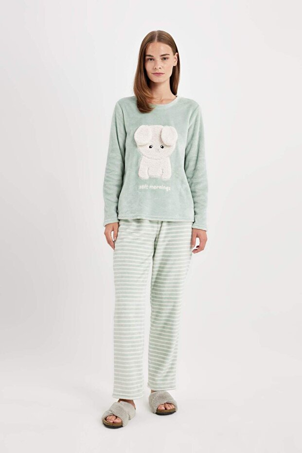 Women's Fall in Love Printed Crew Neck Long Sleeve Striped Welsoft Plush Pajamas Set C5443Ax24Au