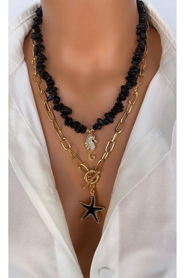 (2 Necklace) Star Women's Necklace with Steel Chain and Natural Stone Black Onyx Zircon Stone Gold Sea Horse