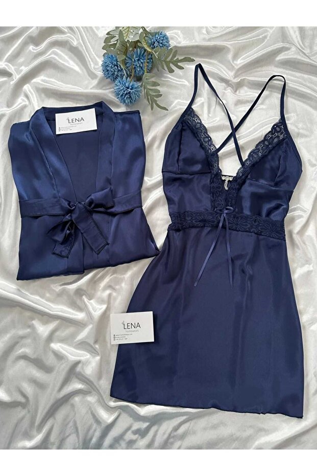 Satin Double Navy Blue Nightgown and Morning Gown Set