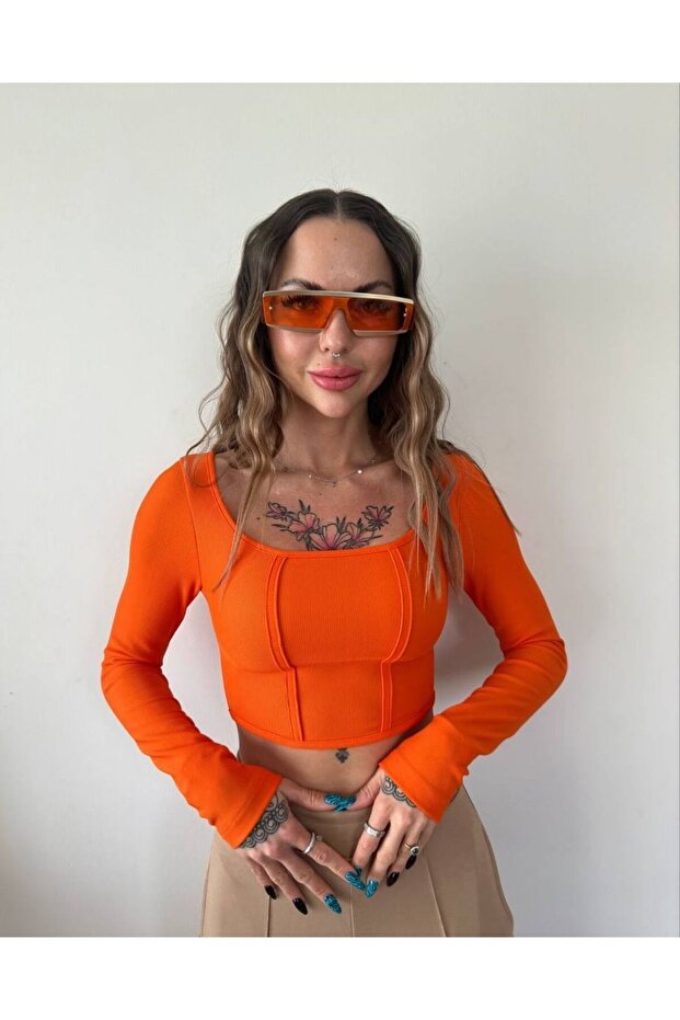 Orange Square Neck Long Sleeve Corset Look Ribbed Crop Blouse