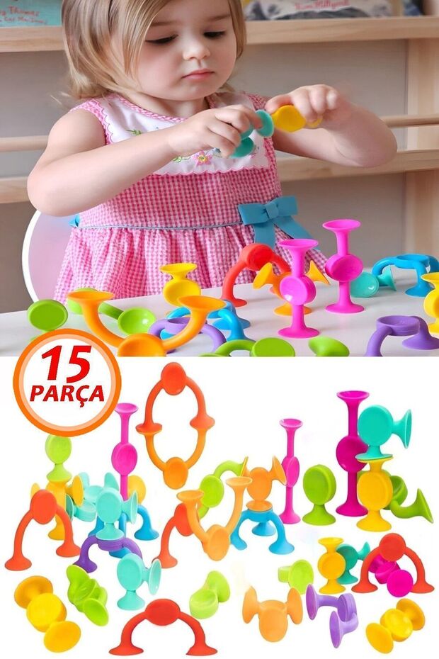 15 Parça Vantuzlu Vakum Molekül Yapı Silikon Taşları Popit Eğitici Oyuncak Squigz Puzzle Yapboz - 3