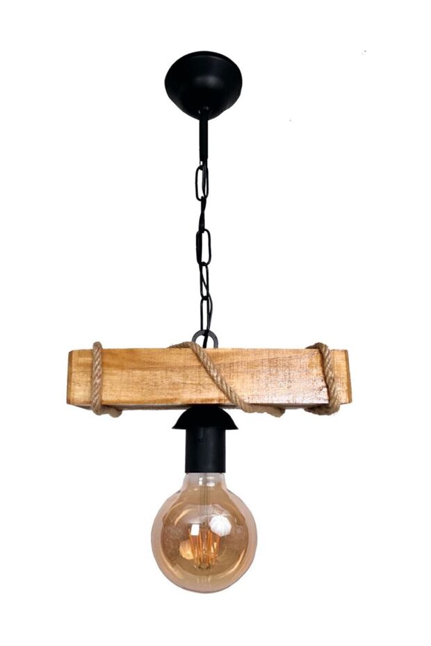 Tekli 1li Rustik Sarkıt Halatlı Ahşap Avize Rustik Ofis Cafe Bar Otel Restaurant Tavan Lamba - 1
