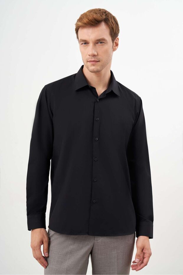 Men's Black Basic Plain Pattern Hard Neck Regular Fit Shirt - 2