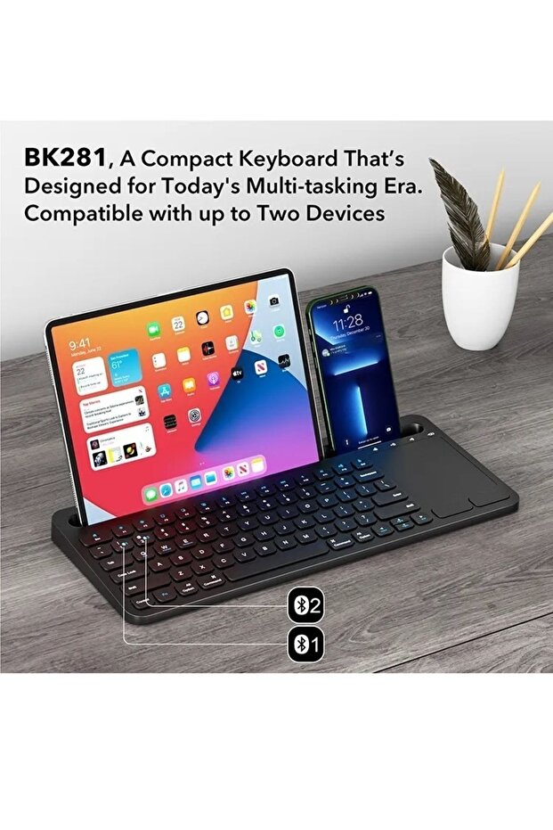 Kablosuz Bluetooth Touchpad Klavye Standlı Şarjlı Taşınabilir Tüm Cihazlara Uyumlu Türkçe Q Klavye - 3