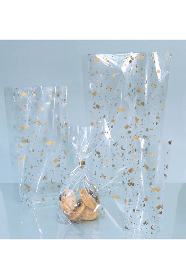 Gold Color Patterned Transparent Cookie Gelatin 10 Pieces 14.5x 23.5cm Cookie Accessory Bag