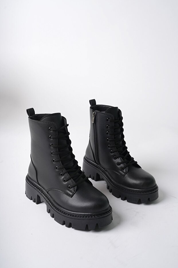 Women's Black Leather-Look Lace-Up and Zipper Combat Boots