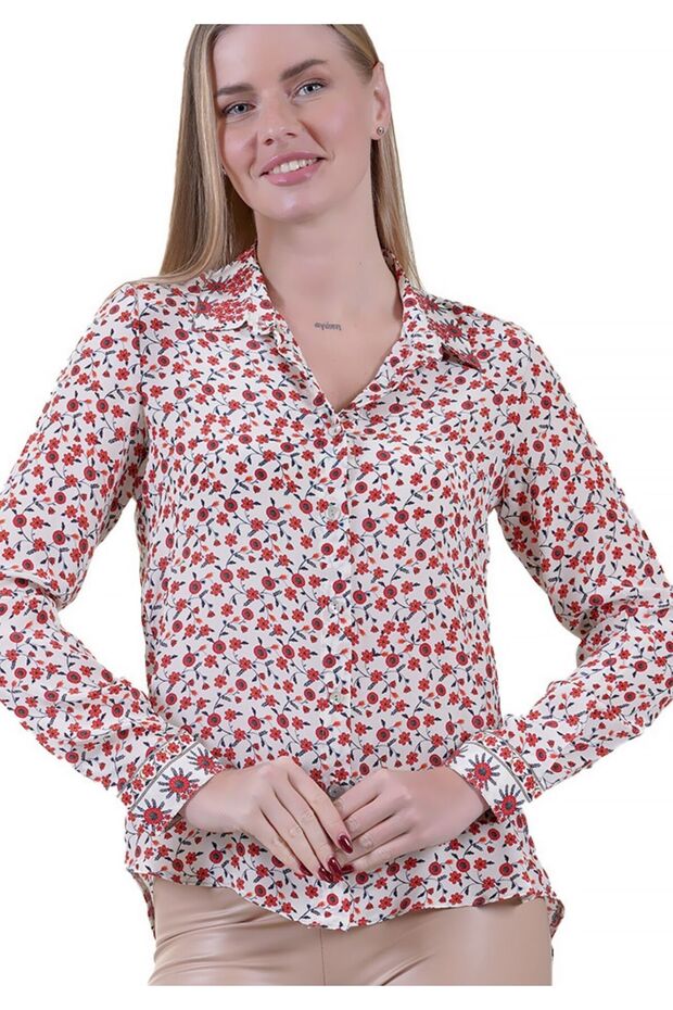 Red Floral Printed Lightly Draped 100% Pure Silk Back Gusseted Silk Women's Shirt on Beige