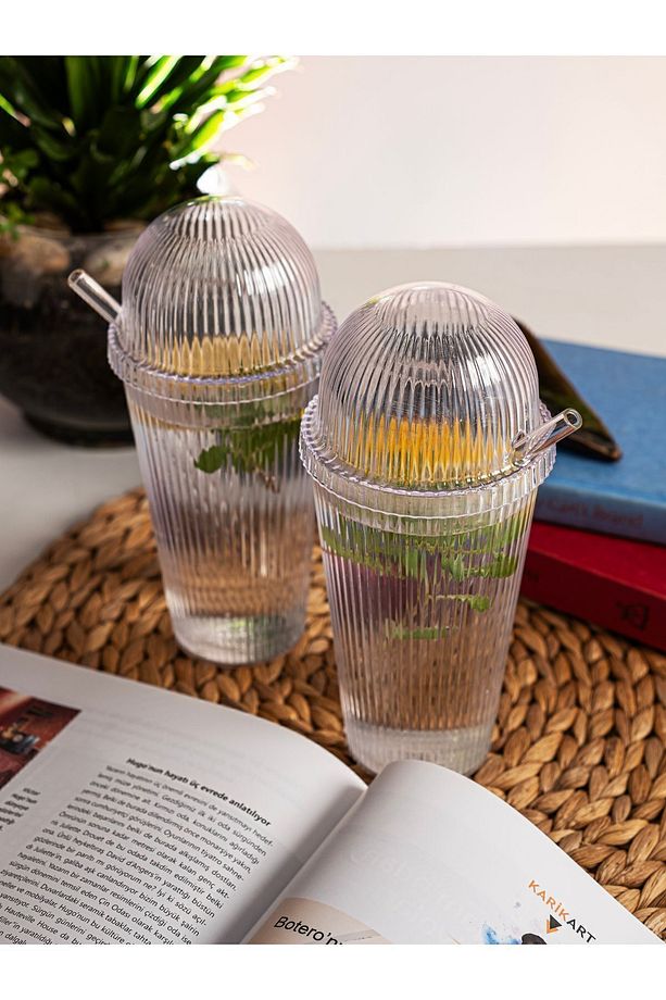 2 Adet 600 ml Kapaklı Pipetli Origami Mika Bardak - Cam Pipetli Kahve ve Meşrubat Bardağı - 1