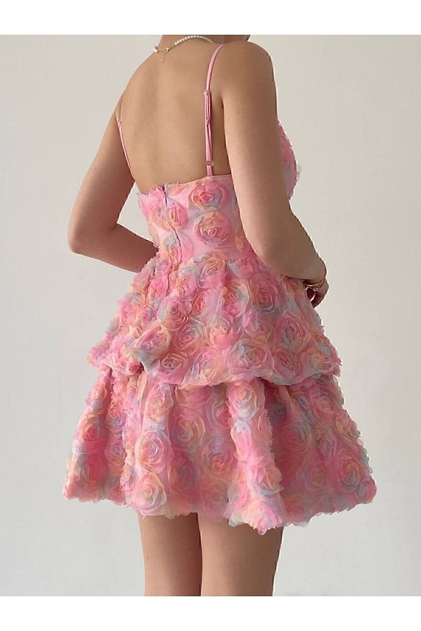 Pembe gül desenli astarlı mini elbise - 4