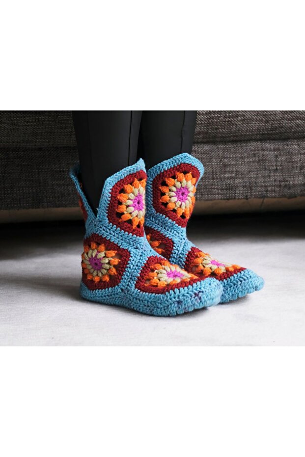 Motif Detaylı El Örgüsü Ev Botu , Çorap - 2
