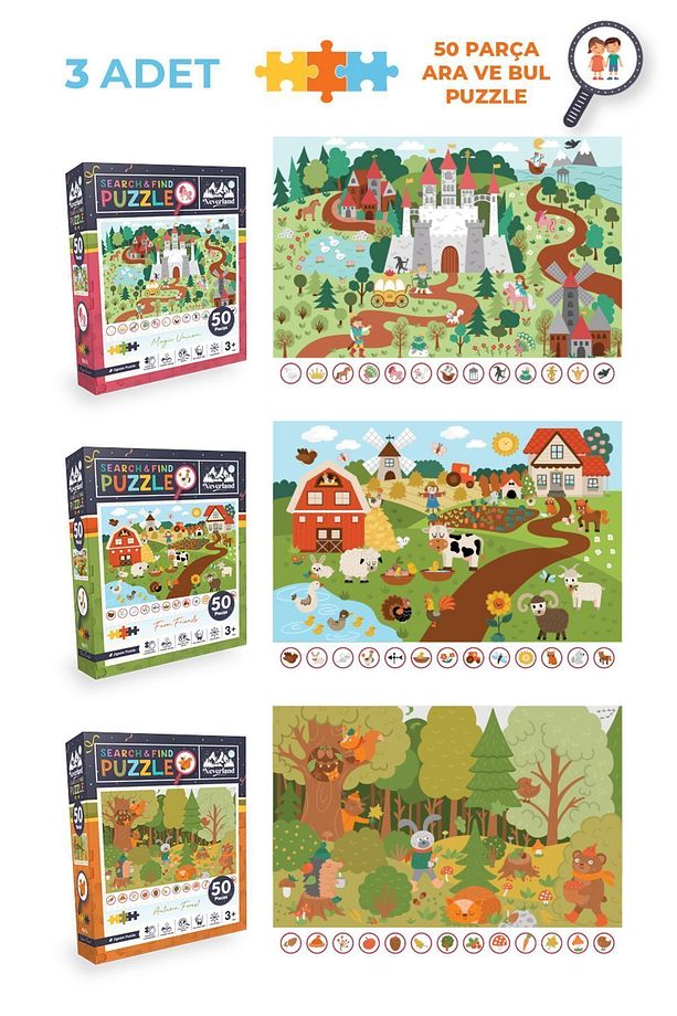 12'li Çocuk Puzzle Set - 3 Adet 24 Parça 6 Adet 50 Parça 3 Adet 100 Parça - 5