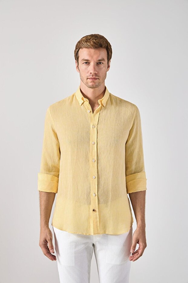 100% Linen Men's Shirt - Collar ButtoneD, Comfort Fit