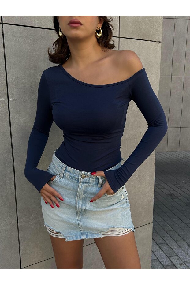 Women's Navy Blue Boat Neck Cotton Fabric Bodysuit 28168