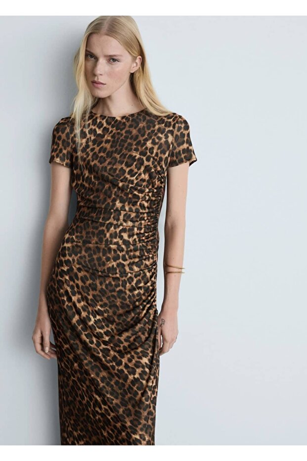 Büzgü Detaylı Leopar Desenli Elbise - 7