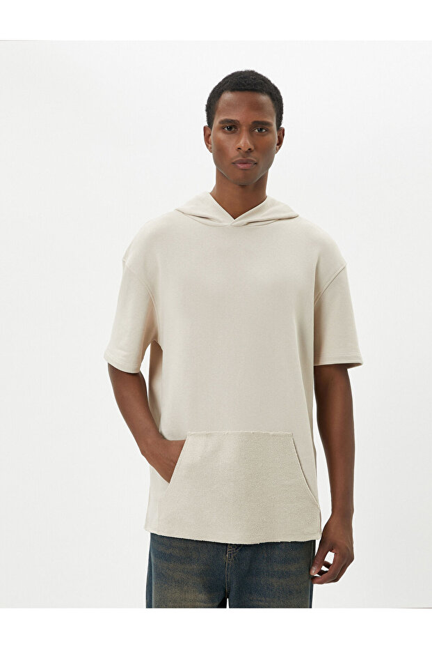 Hooded T-Shirt Short Sleeve Kangaroo Pocket Detail Off Shoulder