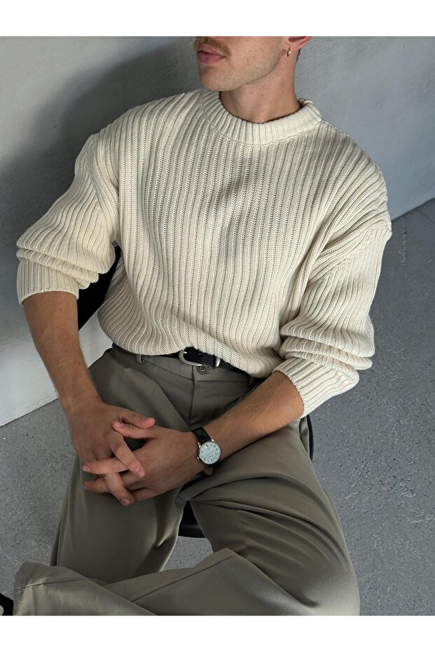 Erkek Fitilli Örme Oversize Kazak - 4