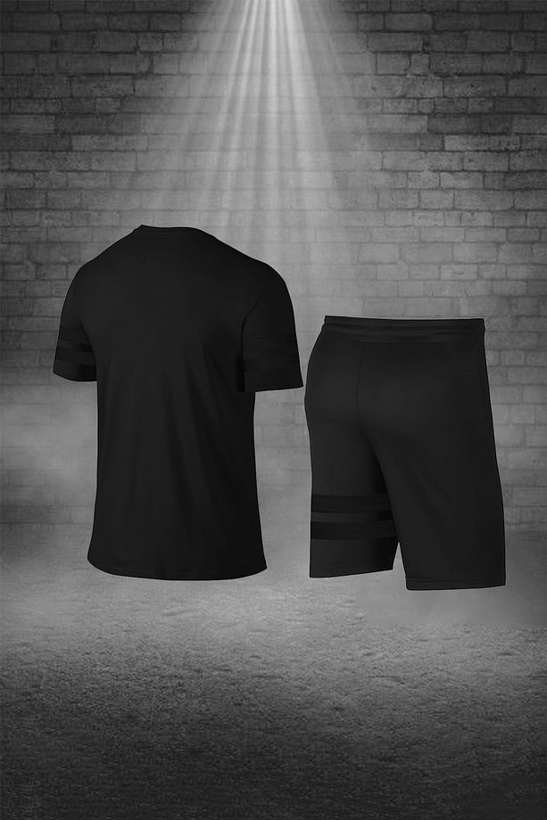 Over Size Erkek Siyah Dri-fit Kumaş Baskısız Yuvarlak Yaka Kısa Kol Tişört Şort Alt Üst Takım (4xl - 4