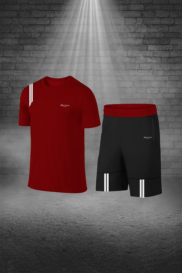 Over Size Erkek Bordo Dri-fit Kumaş Cepli Baskısız Bisiklet Yaka Tişört Şort Sporcu Alt Üst Takım - 1