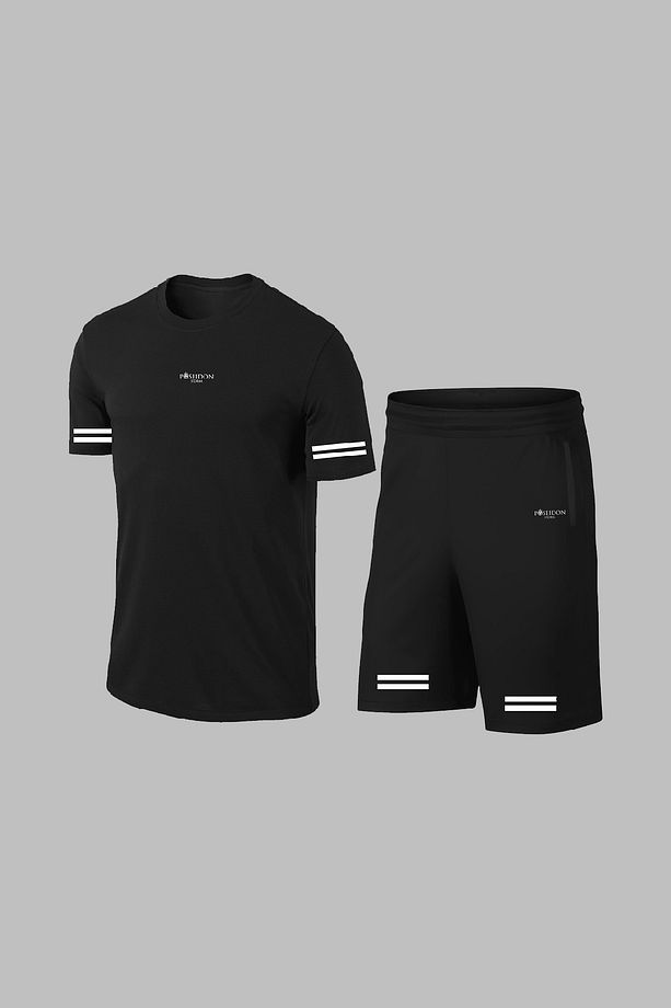 Over Size Erkek Siyah Dri-Fit Kumaş Baskısız Yuvarlak Yaka Kısa Kol Tişört Şort Alt Üst Takım   (4XL - 1