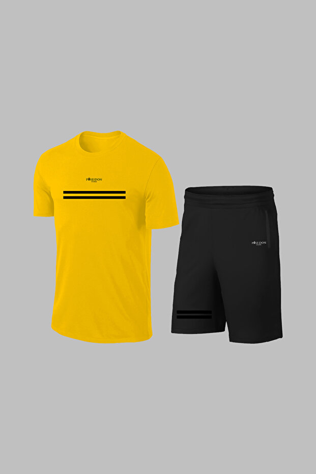 Over Size Men's Yellow Dri-Fit Pocket Unprinted Comfortable T-Shirt Shorts Bottom Top Two-Piece Set (4Xl-10Xl