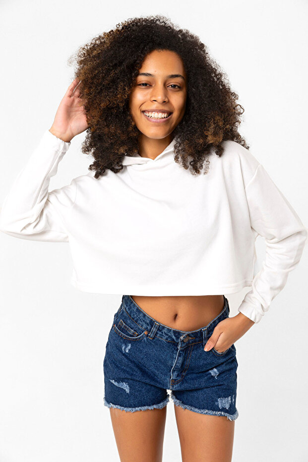 Basic Ekru Kapüşonlu Crop Sweatshirt - 3