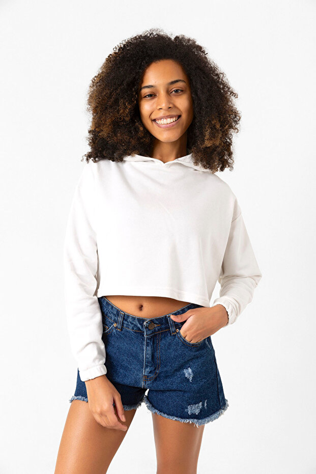 Basic Ekru Kapüşonlu Crop Sweatshirt - 4
