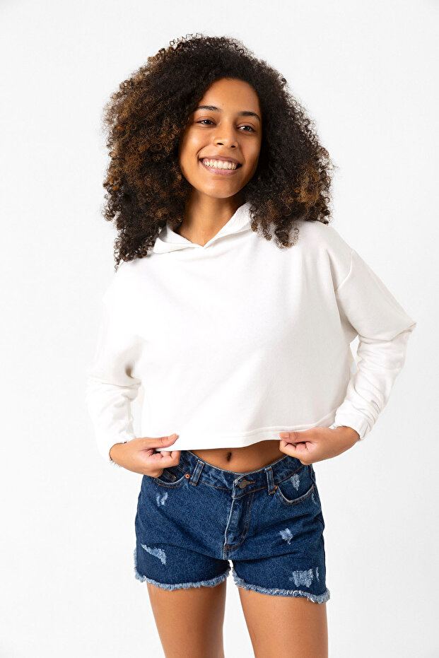Basic Ekru Kapüşonlu Crop Sweatshirt - 2