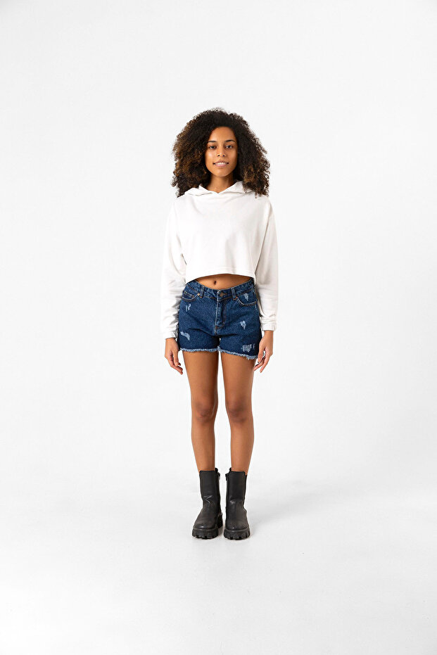 Basic Ekru Kapüşonlu Crop Sweatshirt - 8