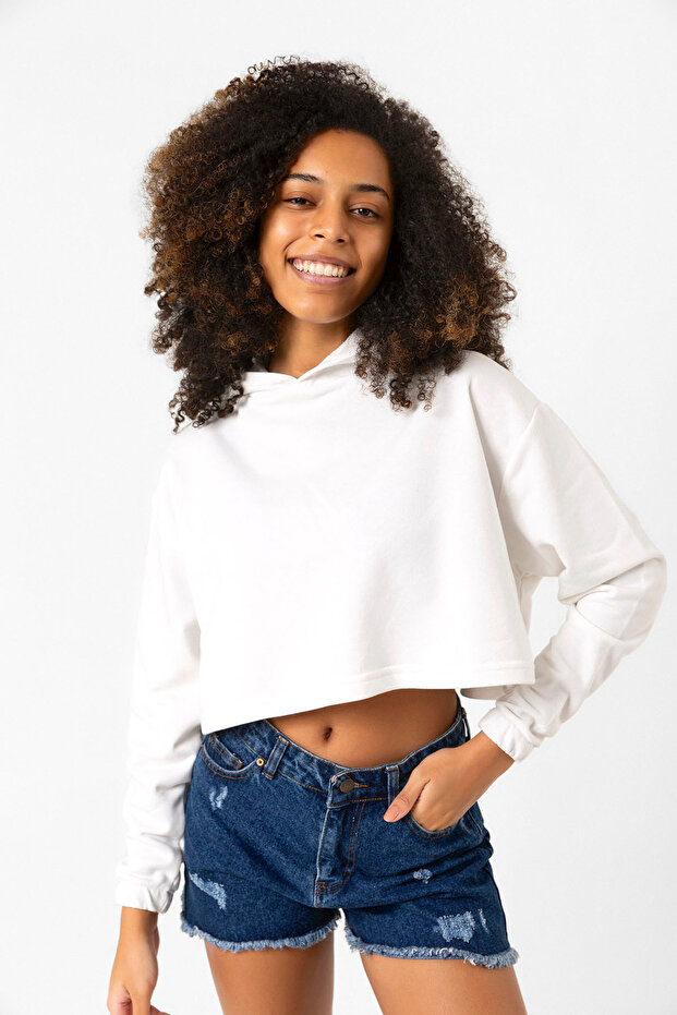 Basic Ekru Kapüşonlu Crop Sweatshirt - 1