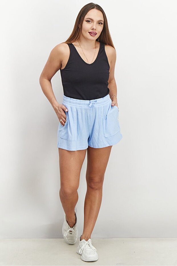 Women Textured Basic Shorts, Sky Blue - 2