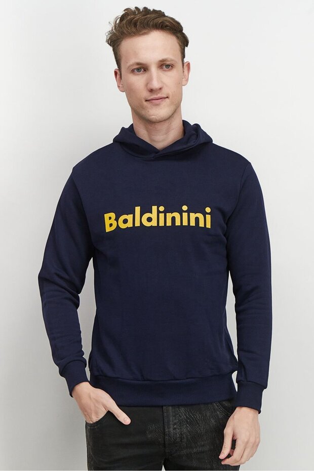 Men Hooded Brand Logo Long Sleeve Sweatshirt, Navy