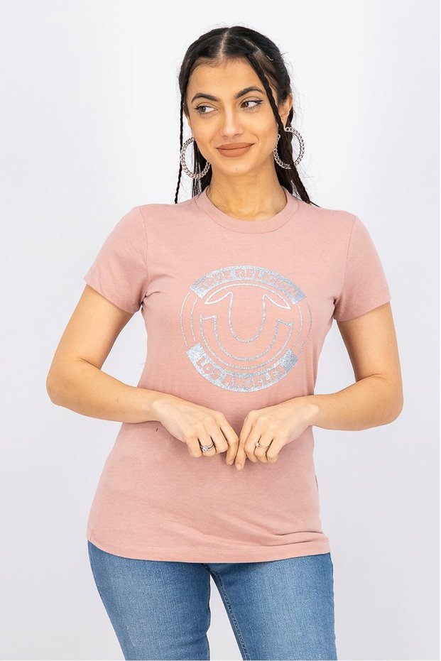Women Crew Neck Short Sleeves Graphic Print Top, Wood Rose