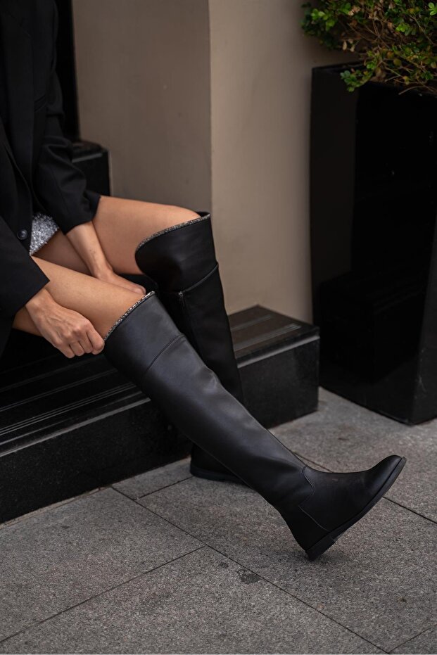 Czarne damskie kamienne, szczegółowe, długie skórzane buty damskie - 5