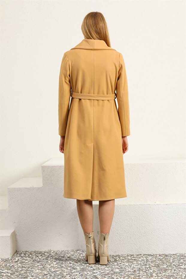 Kemerli Camel Kaşe Palto - 9