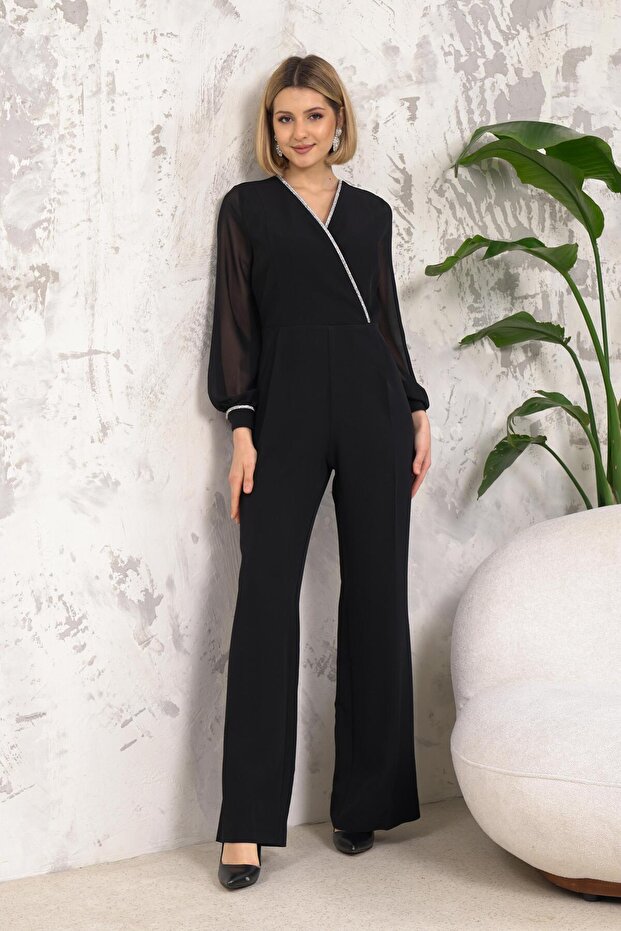 Şerit Aksesuarlı Siyah Tulum - 6