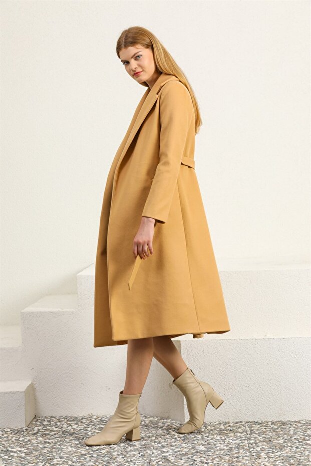 Kemerli Camel Kaşe Palto - 7