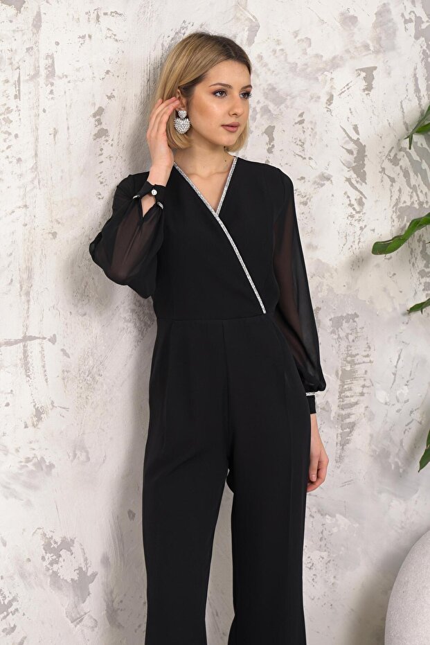 Şerit Aksesuarlı Siyah Tulum - 7